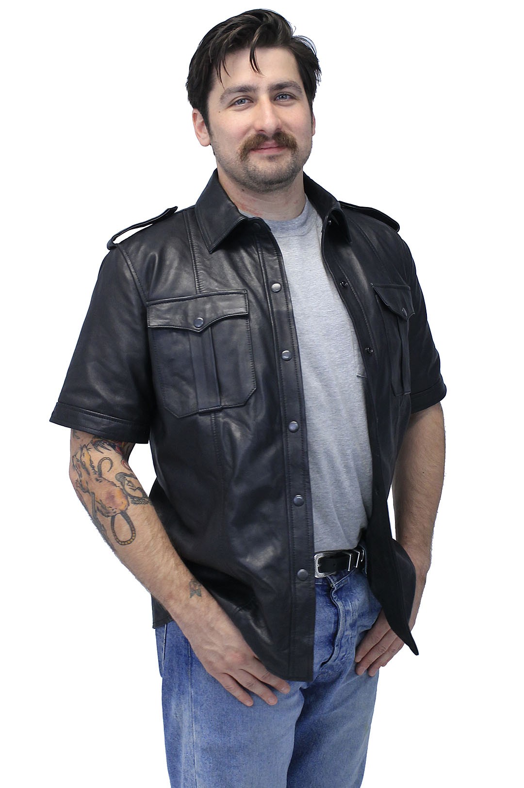 Men's short sleeve leather shirt