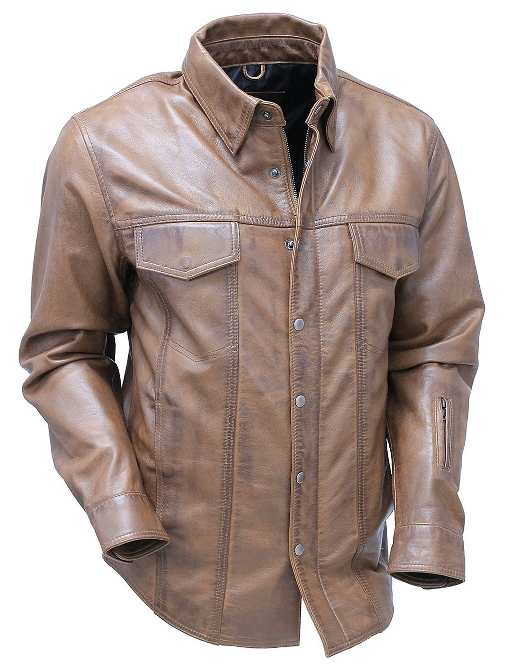 Brown Men's leather shirt with vintage rub finish