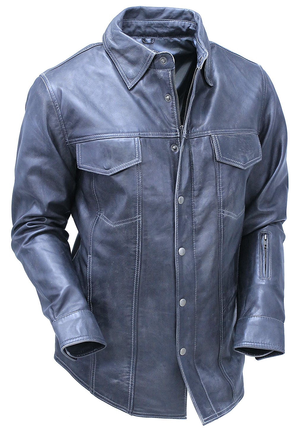 Men's leather shirt in a jean style is also a lightweight leather jacket for those cooler days.