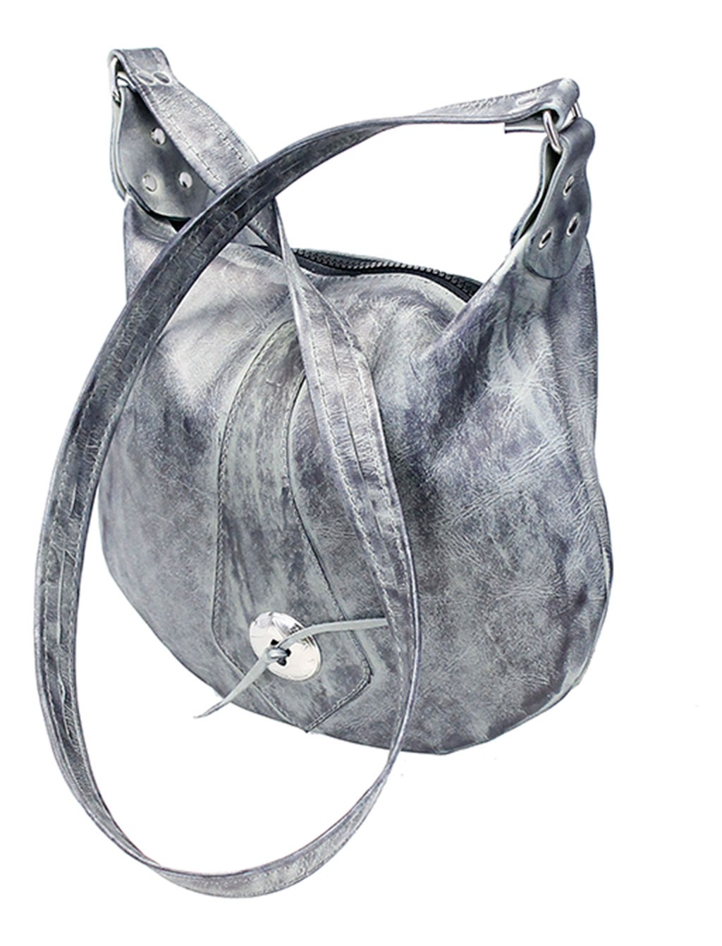 gray leather purse with vintage antique rub finish