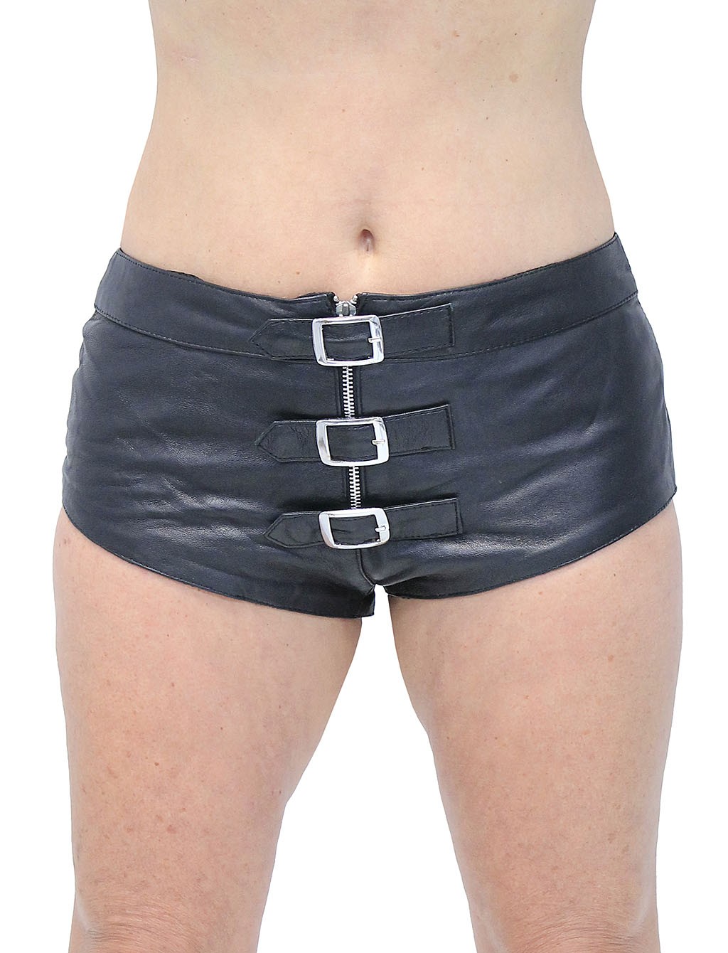 black leather booty shorts with buckles