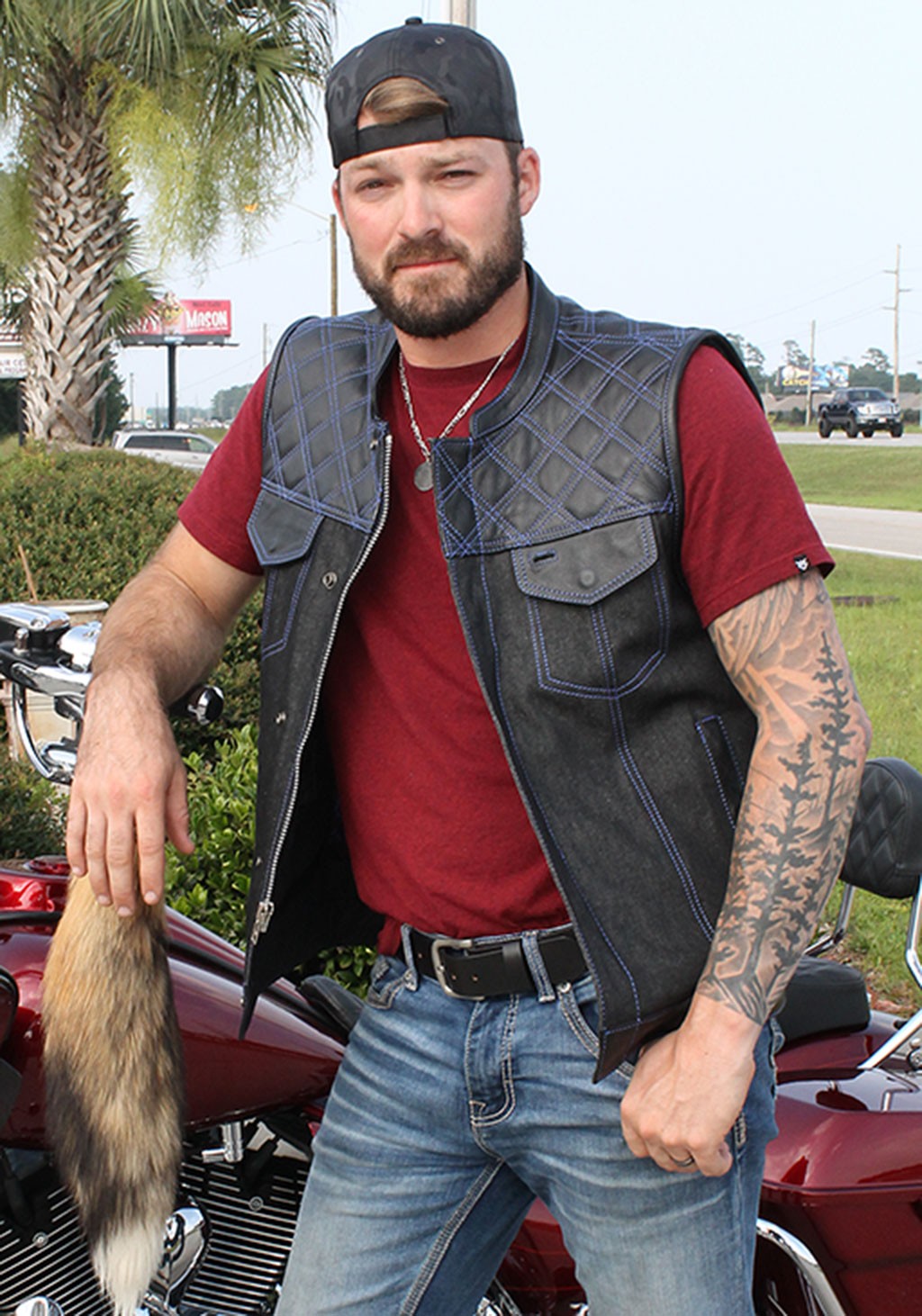 men's denim and leather club vest with blue trim