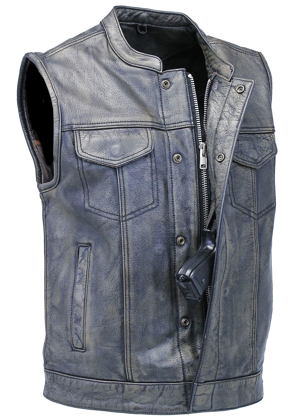 Men's brown leather club vest with an antique vintage rub finish