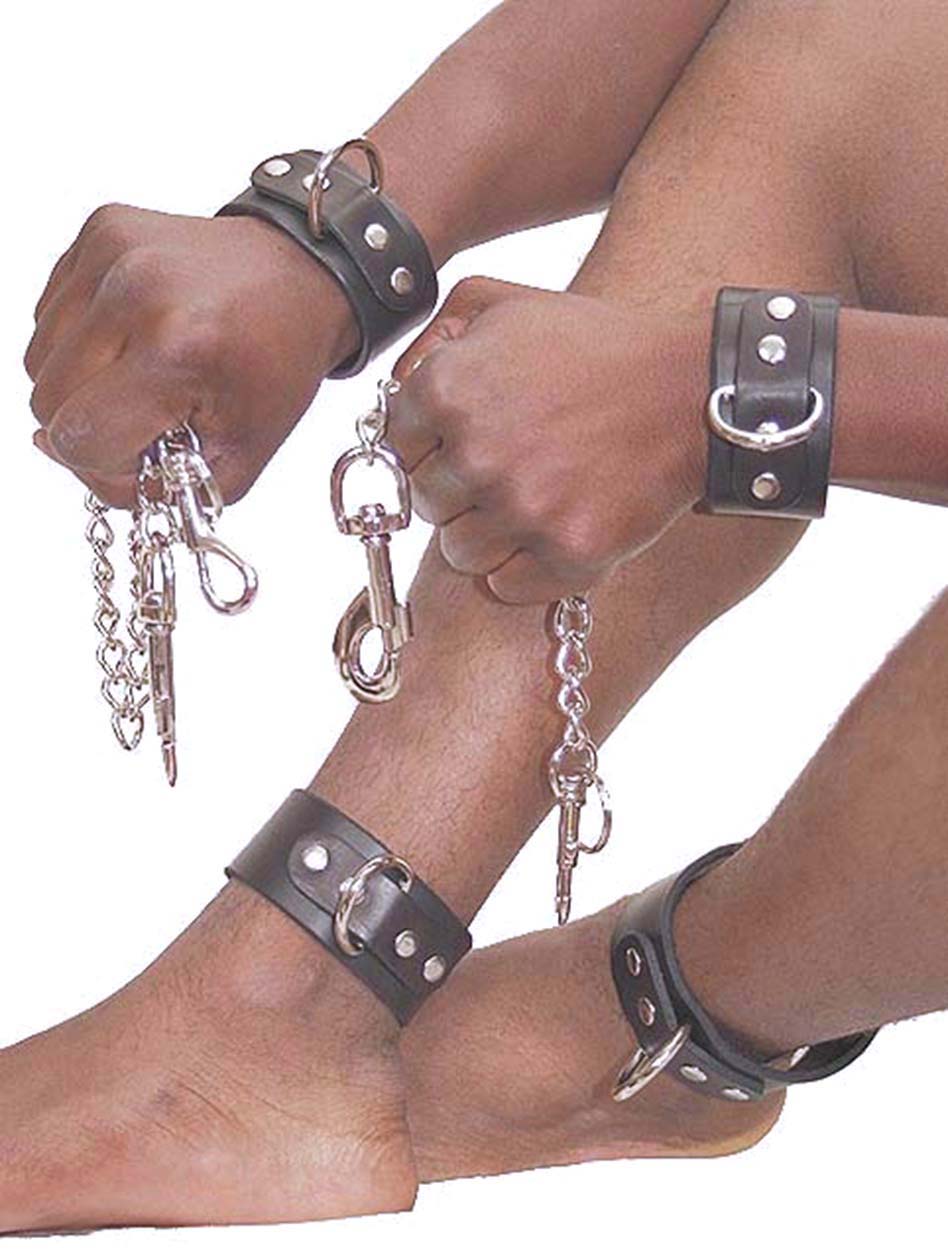 leather wristlets and ankle cuffs with chains