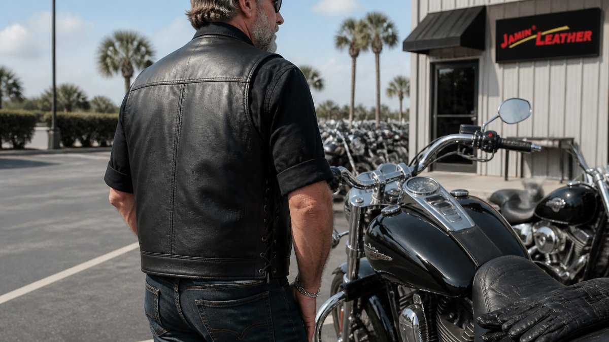 Rider wearing a black leather club-style vest with side lacing standing beside a motorcycle in a sunny parking lot