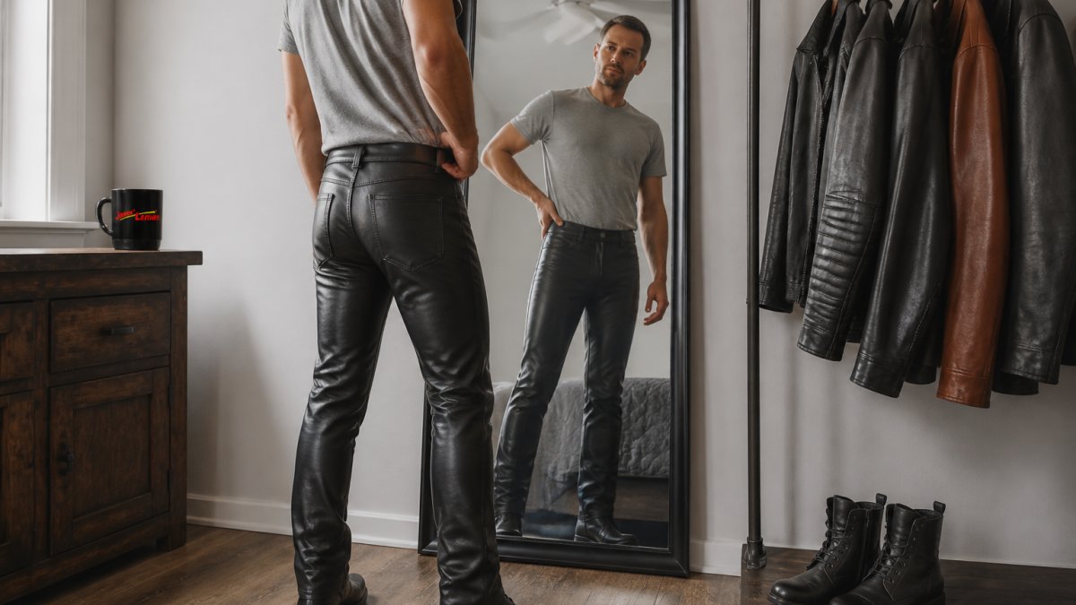 Person standing in a mirror checking the fit of black leather pants at the waist and hips in a bright room