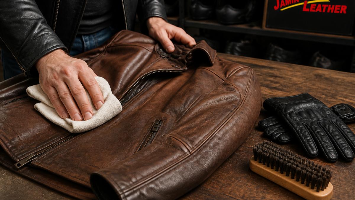 Rider wiping dust from a brown leather motorcycle jacket with a soft cloth on a workbench