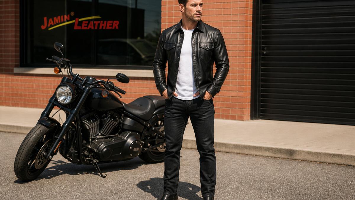 Person wearing an open black leather shirt over a white tee with dark jeans and boots outdoors